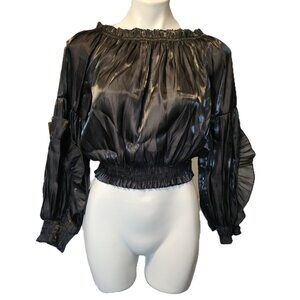 New Glam crop top Women's small Black iridescent Shirring Ruffles unique sleeves